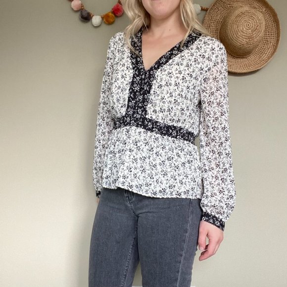 Madewell Black & White Floral Peplum Blouse Top Size Medium - Picture 2 of 10
